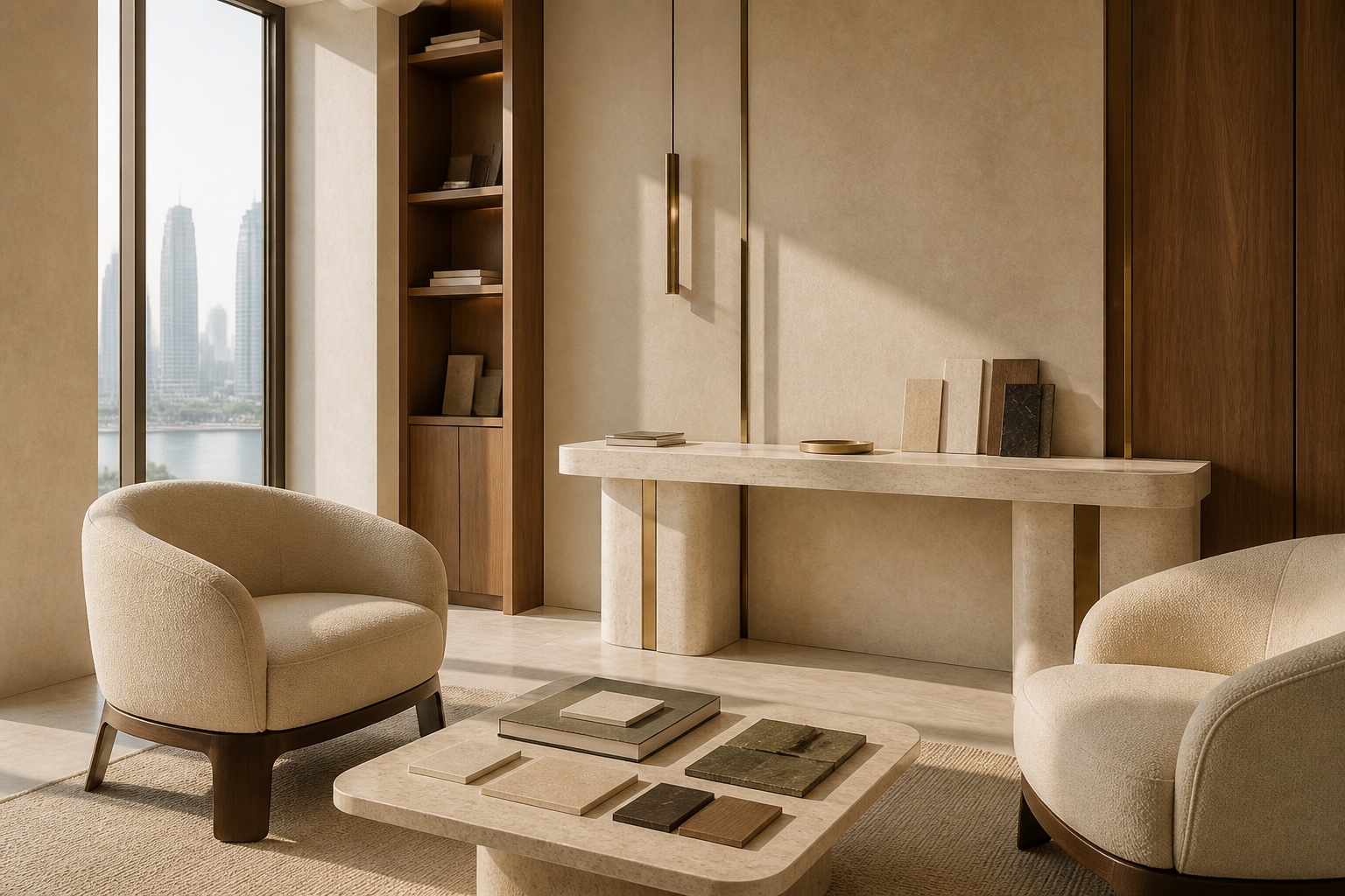 DesignFlow consultation lounge with travertine, warm timber, material samples, and soft daylight.