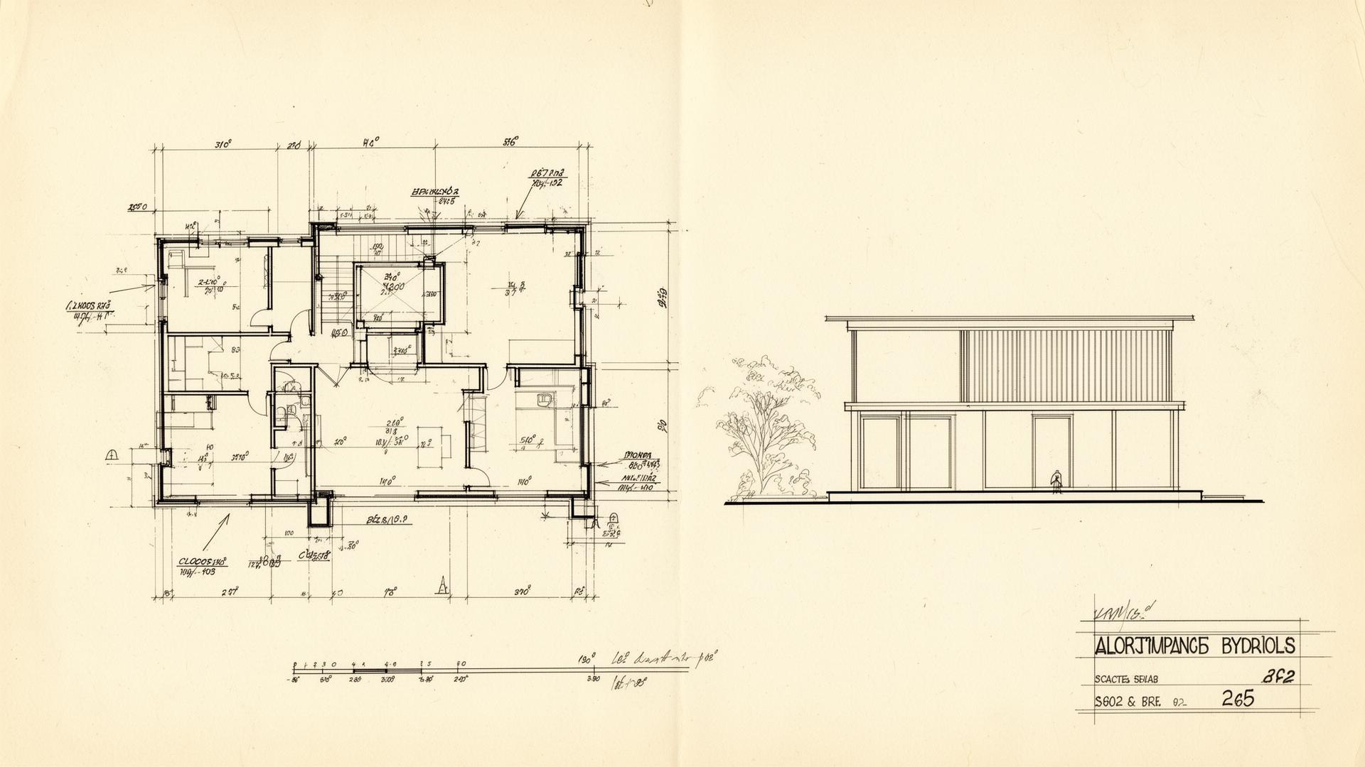 Hand-drafted architectural plan and elevation