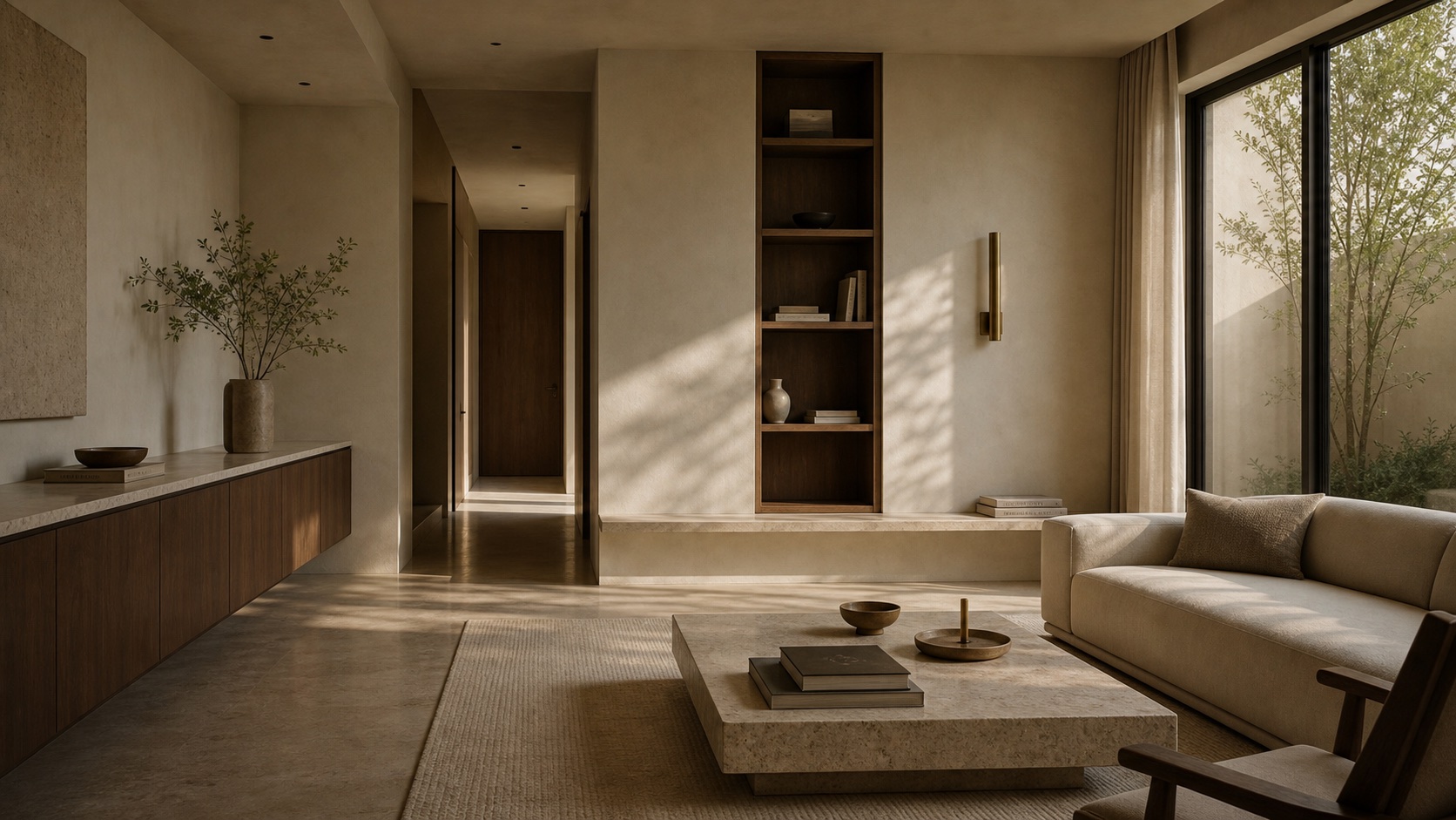 Warm contemporary DesignFlow residence interior with stone, walnut, linen, brass, and soft daylight