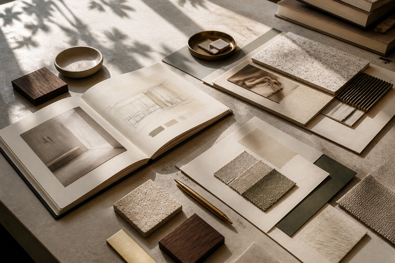 Open design journal with sketches, material swatches, stone samples, and brass details.