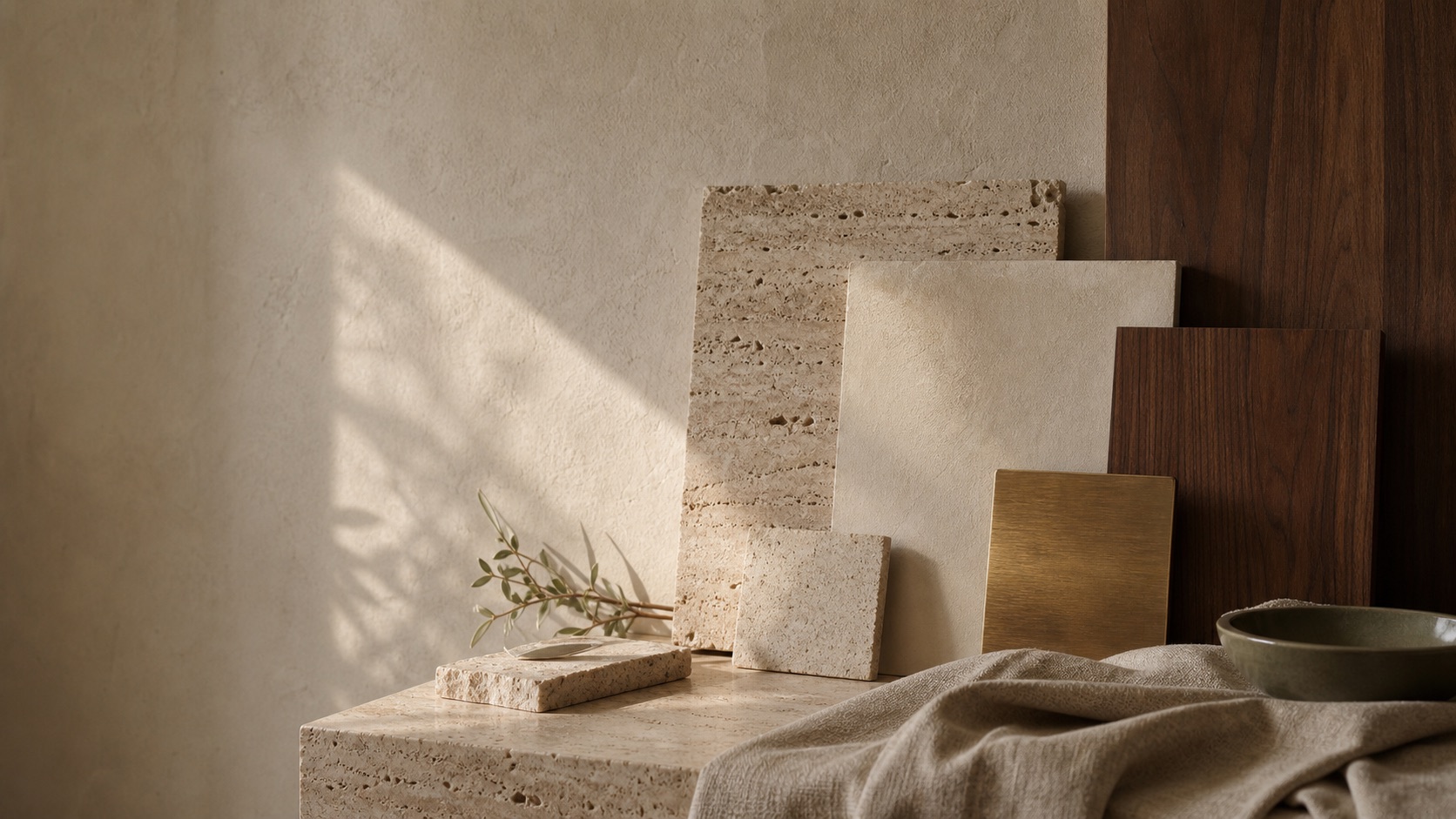 Travertine, walnut, plaster, linen, and aged brass arranged in warm afternoon light