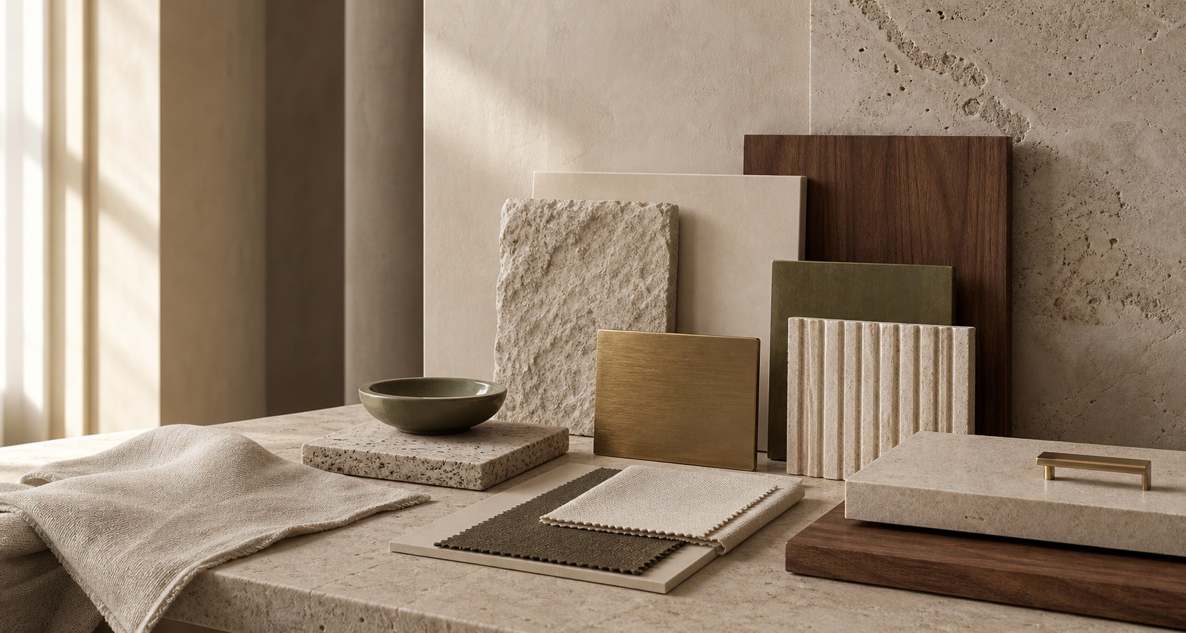 Layered stone, linen, walnut, brass, and olive material samples for DESIGNFLO interiors