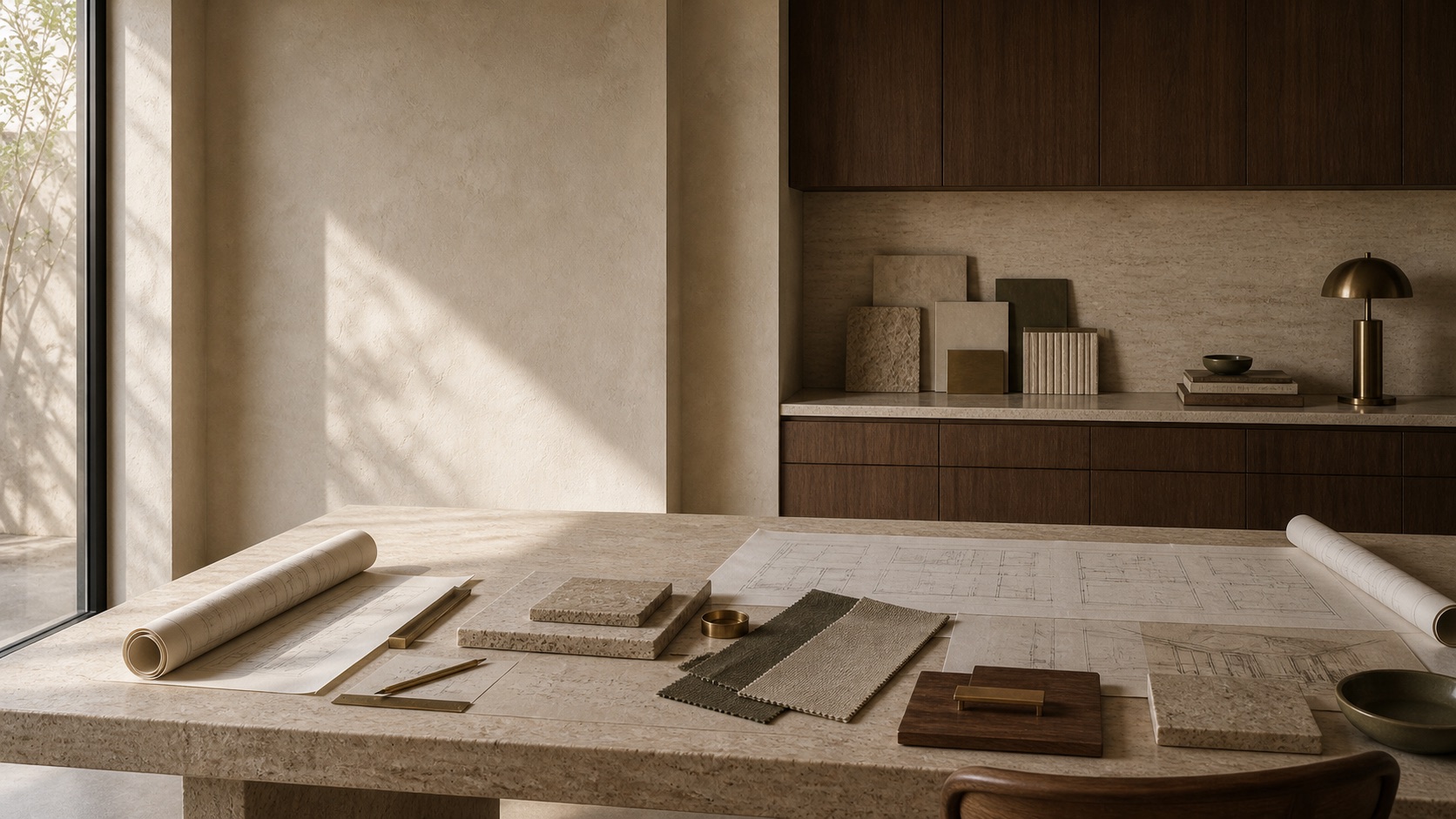 DesignFlow studio worktable with architectural drawings, plans, stone samples, textiles, walnut, and brass details.
