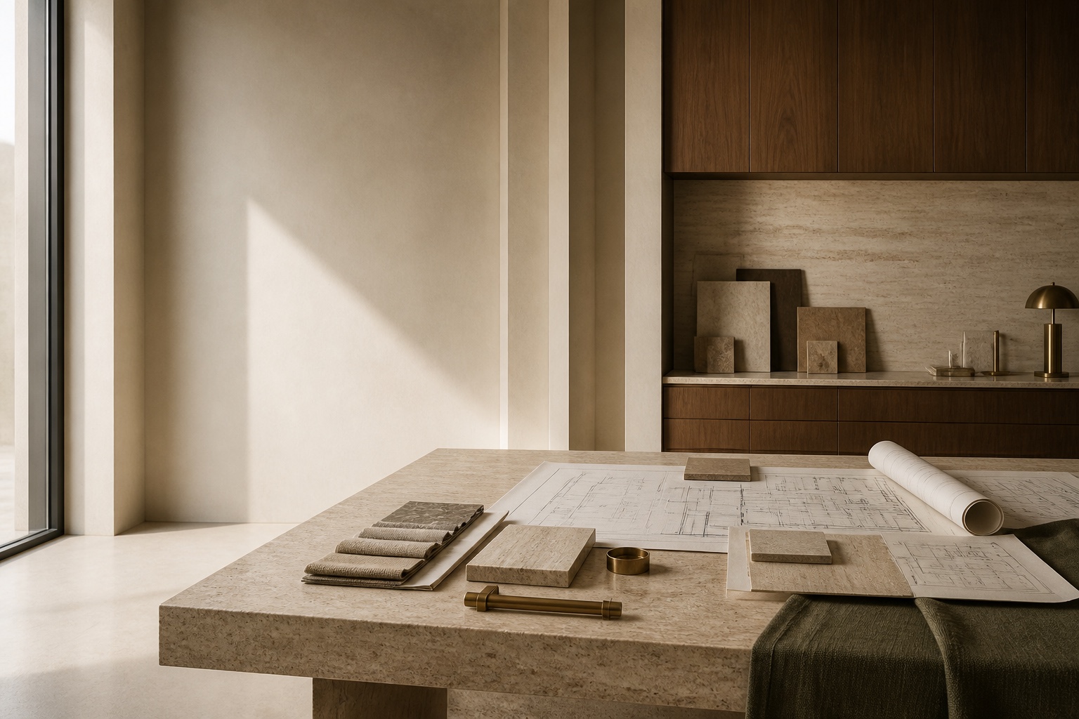 DesignFlo studio material table with drawings and samples