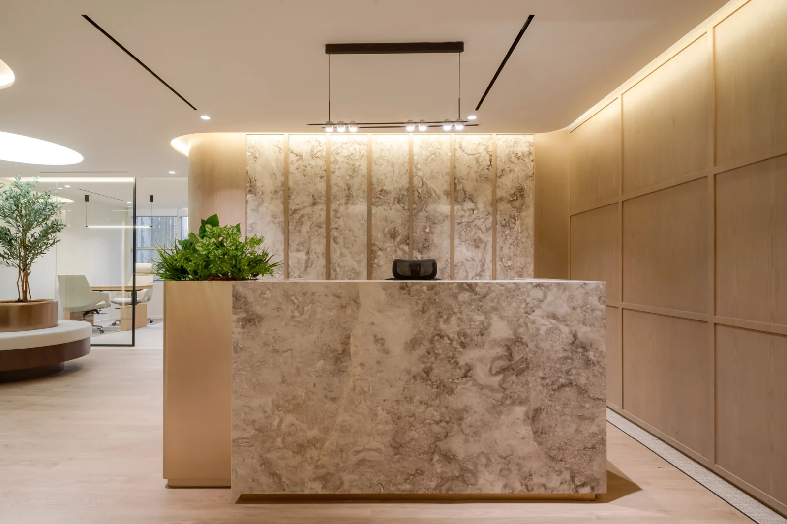 Amazon grey stone anchors the reception desk, with a brass planter at its edge and slim battens behind.